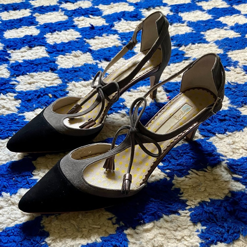 Boden Alice T-strap Tassel Grey and Black Heels size 38 - US 7